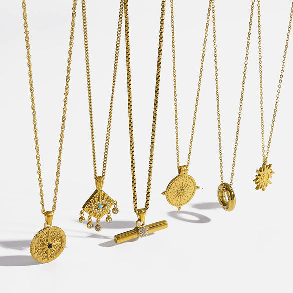 Wholesale Women's Geometric Stainless Steel Necklace Set With Vintage Compass Sun Pendant 18K Gold Plated