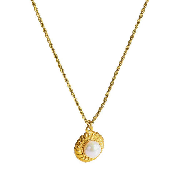 Wholesale Women's Geometric Stainless Steel Necklace With Faux Pearl Round Pendant Vacuum Real Gold Plated In Pvd Furnace Twist Chain