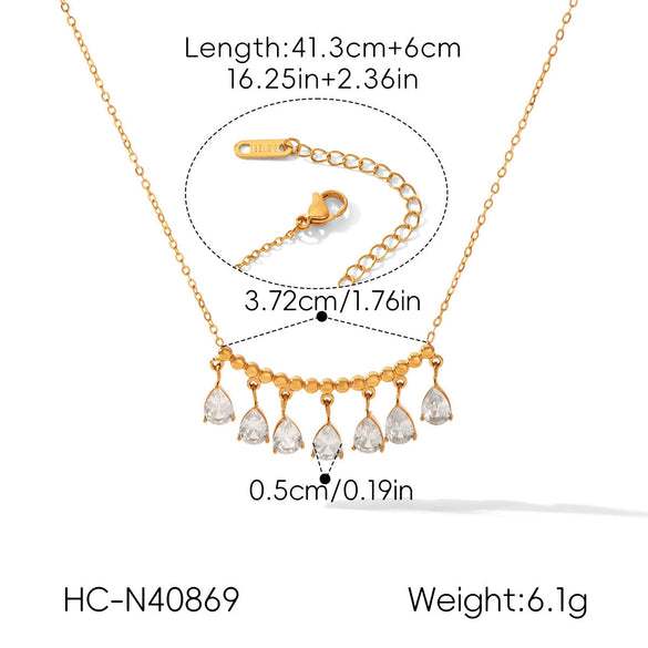 Wholesale Women's Geometric Stainless Steel Necklace With Water Drop Zircon Pendant Real Gold Plated In The Furnace