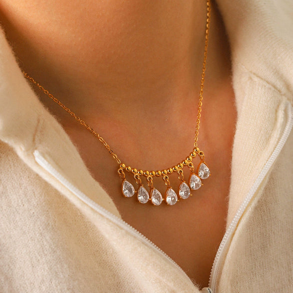 Wholesale Women's Geometric Stainless Steel Necklace With Water Drop Zircon Pendant Real Gold Plated In The Furnace