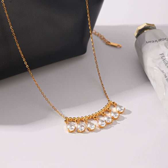 Wholesale Women's Geometric Stainless Steel Necklace With Water Drop Zircon Pendant Real Gold Plated In The Furnace