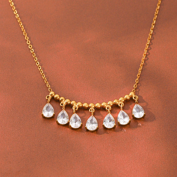 Wholesale Women's Geometric Stainless Steel Necklace With Water Drop Zircon Pendant Real Gold Plated In The Furnace