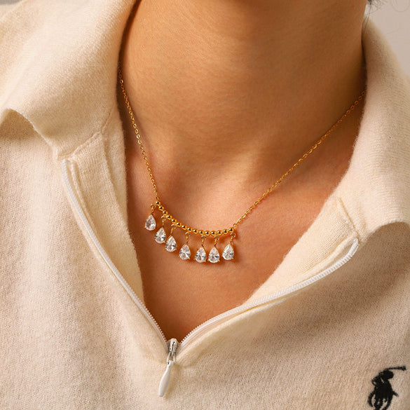 Wholesale Women's Geometric Stainless Steel Necklace With Water Drop Zircon Pendant Real Gold Plated In The Furnace