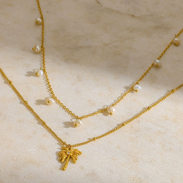 Wholesale Women's Geometric Stainless Steel Oshaped Chain Necklace With Coconut Tree Pendant Vacuum Real Gold Plated