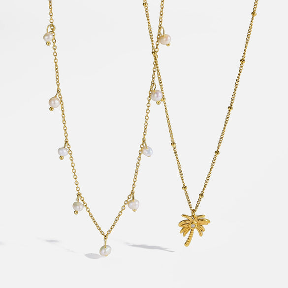 Wholesale Women's Geometric Stainless Steel Oshaped Chain Necklace With Coconut Tree Pendant Vacuum Real Gold Plated
