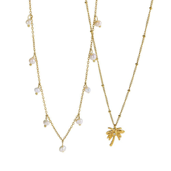 Wholesale Women's Geometric Stainless Steel Oshaped Chain Necklace With Coconut Tree Pendant Vacuum Real Gold Plated