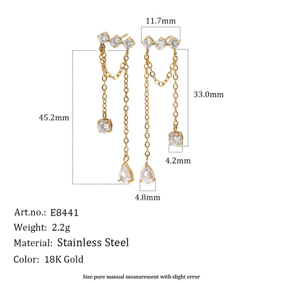 Wholesale Women's Geometric Stainless Steel Pvd Furnace Vacuum Real Gold Plated Tassel Zircon Chain Earrings
