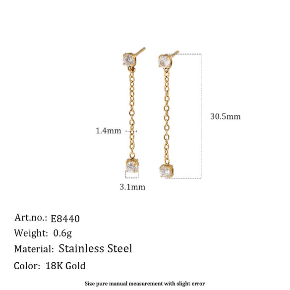 Wholesale Women's Geometric Stainless Steel Pvd Furnace Vacuum Real Gold Plated Tassel Zircon Chain Earrings