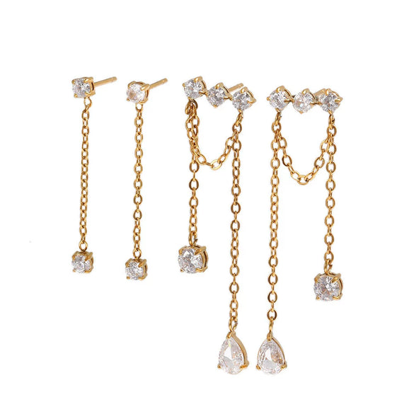 Wholesale Women's Geometric Stainless Steel Pvd Furnace Vacuum Real Gold Plated Tassel Zircon Chain Earrings