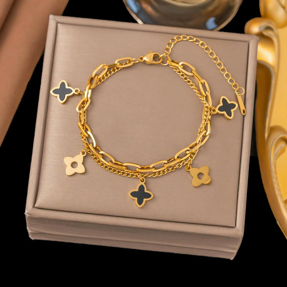 Wholesale Women's Geometric Stainless Steel Real Gold Plated Bracelet With Four Leaf Clover Pendant