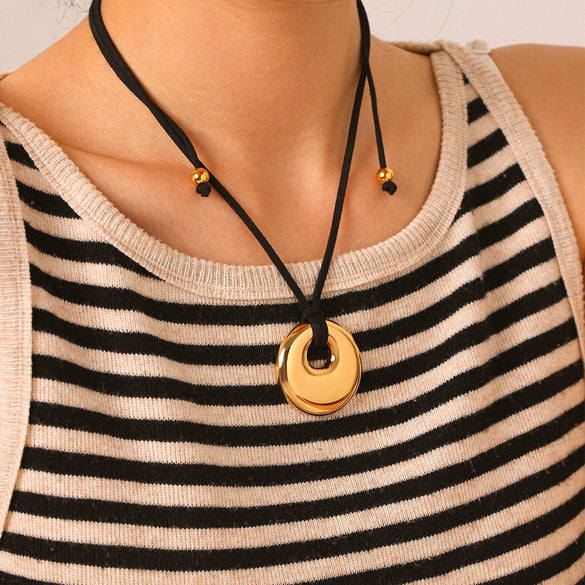 Wholesale Women's Geometric Stainless Steel Real Gold Plated Pendant Necklace With Black Rope Chain