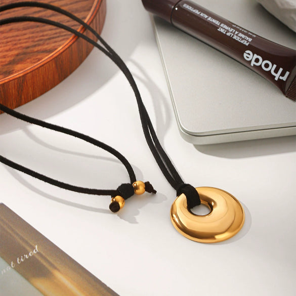 Wholesale Women's Geometric Stainless Steel Real Gold Plated Pendant Necklace With Black Rope Chain