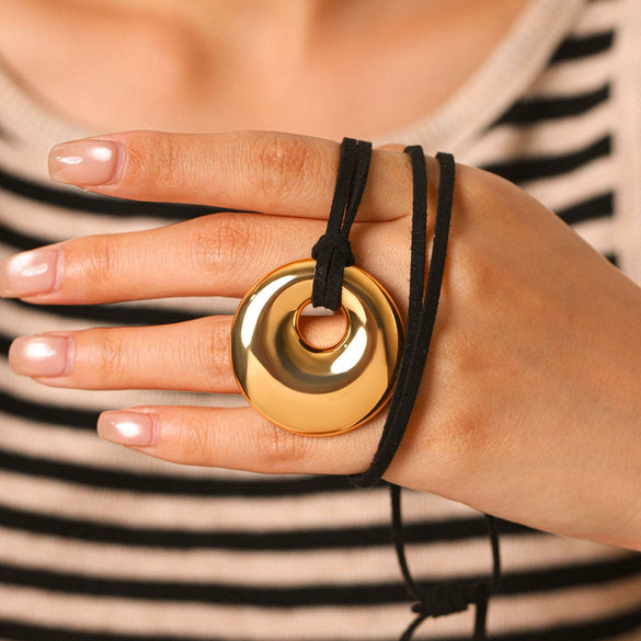 Wholesale Women's Geometric Stainless Steel Real Gold Plated Pendant Necklace With Black Rope Chain