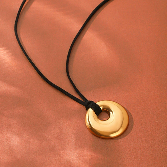 Wholesale Women's Geometric Stainless Steel Real Gold Plated Pendant Necklace With Black Rope Chain
