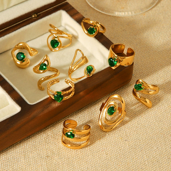 Wholesale Women's Geometric Stainless Steel Ring Set With Green Zirconia Light Luxury And Highend Jewelry