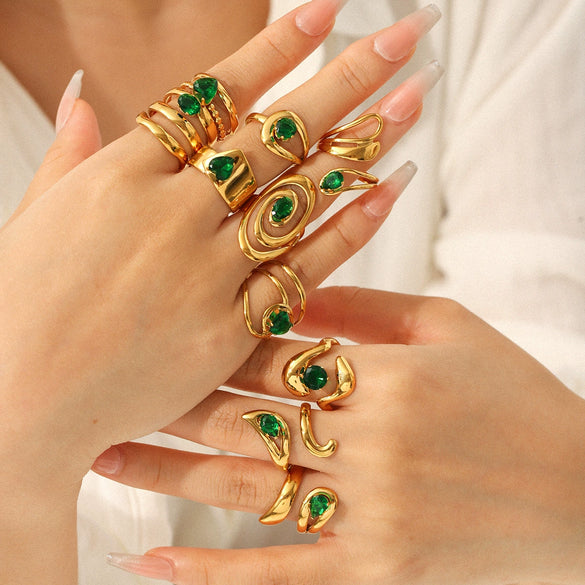 Wholesale Women's Geometric Stainless Steel Ring Set With Green Zirconia Light Luxury And Highend Jewelry