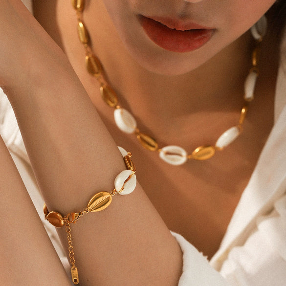 Wholesale Women's Geometric Stainless Steel Shell Electroplated Splicing Chain Necklace And Bracelet Minimalist Jewelry