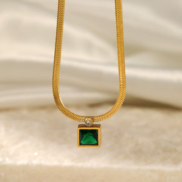 Wholesale Women's Geometric Stainless Steel Snake Bone Chain Necklace With Coloured Glaze Pendant 18K Gold Electroplated