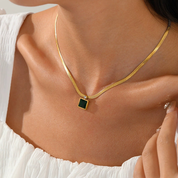 Wholesale Women's Geometric Stainless Steel Snake Bone Chain Necklace With Coloured Glaze Pendant 18K Gold Electroplated