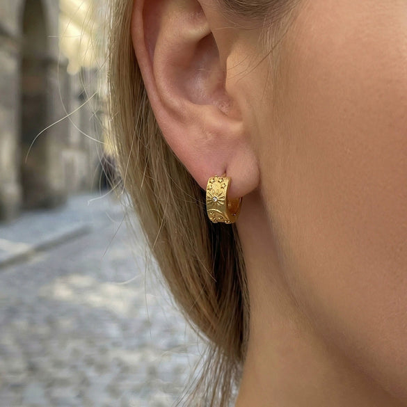 Wholesale Women's Geometric Stainless Steel Starmoon Floral Hoop Earrings Inlaid With Zircon And 18K Gold Plated
