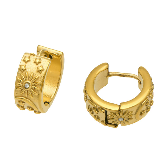 Wholesale Women's Geometric Stainless Steel Starmoon Floral Hoop Earrings Inlaid With Zircon And 18K Gold Plated