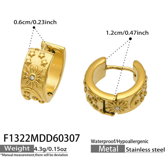 Wholesale Women's Geometric Stainless Steel Starmoon Floral Hoop Earrings Inlaid With Zircon And 18K Gold Plated