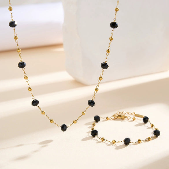Wholesale Women's Geometric Stainless Steel Vacuum Plated Bracelet With Natural Black Crystal Beads