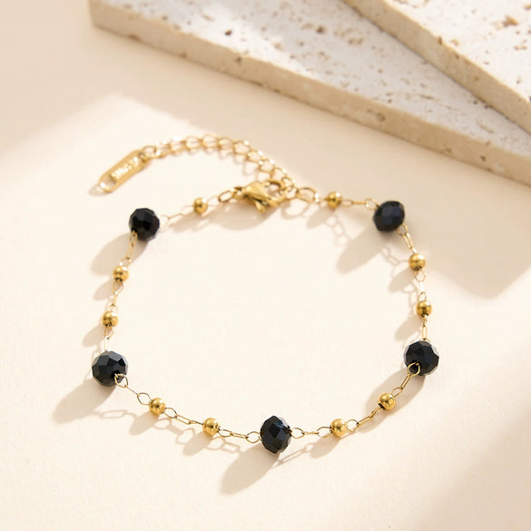 Wholesale Women's Geometric Stainless Steel Vacuum Plated Bracelet With Natural Black Crystal Beads