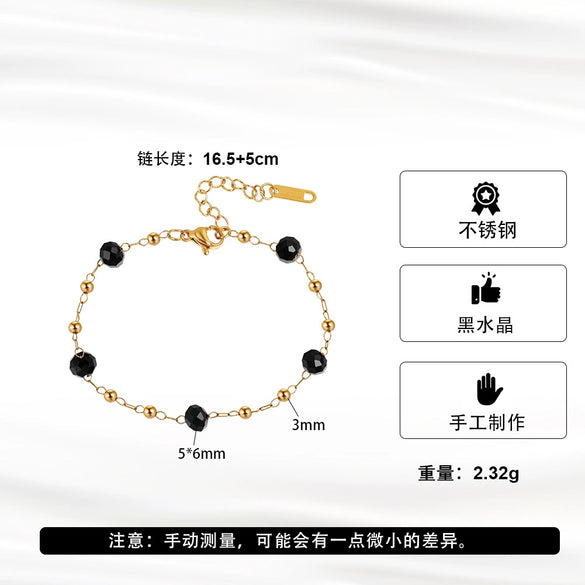 Wholesale Women's Geometric Stainless Steel Vacuum Plated Bracelet With Natural Black Crystal Beads