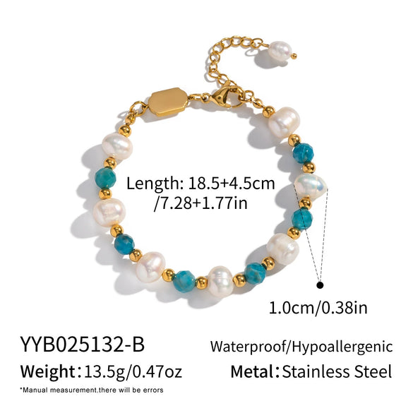 Wholesale Women's Geometric Stainless Steel Vacuum Plated Bracelet With Natural Stone Lapis Lazuli Green Agate And Freshwater Pearl