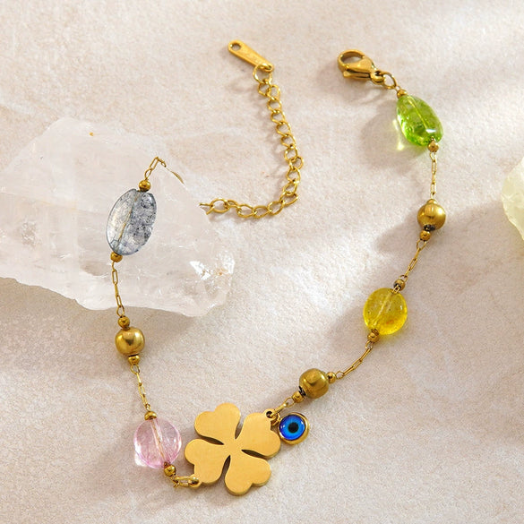 Wholesale Women's Geometric Stainless Steel Vacuum Plated Fourleaf Flower Beaded Bracelet