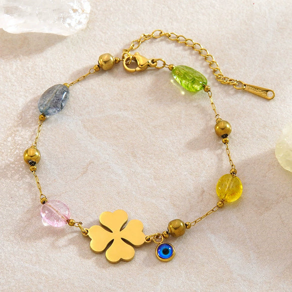 Wholesale Women's Geometric Stainless Steel Vacuum Plated Fourleaf Flower Beaded Bracelet