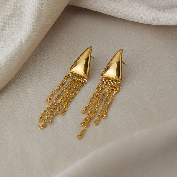 Wholesale Women's Geometric Stainless Steel Vacuum Real Gold Plated Tassel Earrings Highend Style