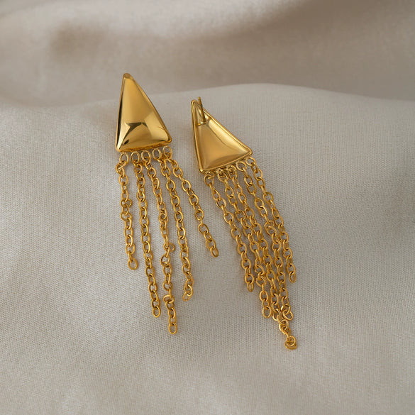 Wholesale Women's Geometric Stainless Steel Vacuum Real Gold Plated Tassel Earrings Highend Style