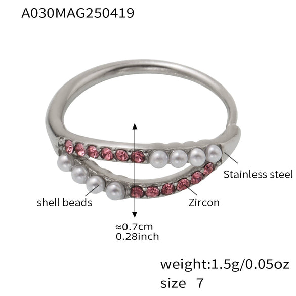 Wholesale Women's Geometric Stainless Steel Zircon Inlaid Pearl Electroplated Adjustable Open Ring Hand Jewelry