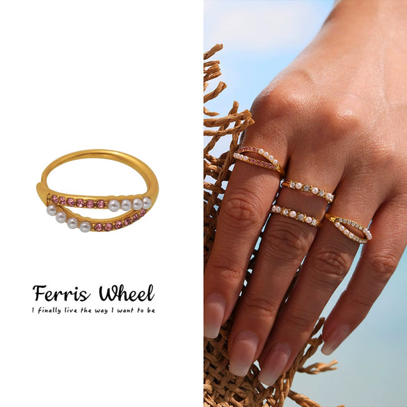 Wholesale Women's Geometric Stainless Steel Zircon Inlaid Pearl Electroplated Adjustable Open Ring Hand Jewelry