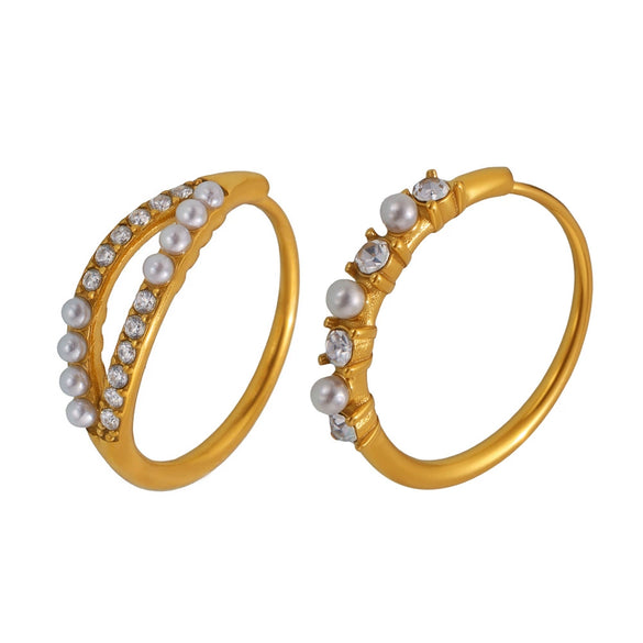 Wholesale Women's Geometric Stainless Steel Zircon Inlaid Pearl Electroplated Adjustable Open Ring Hand Jewelry