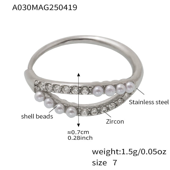Wholesale Women's Geometric Stainless Steel Zircon Inlaid Pearl Electroplated Adjustable Open Ring Hand Jewelry