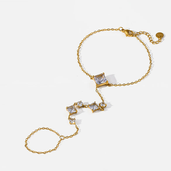 Wholesale Women's Geometric Stainless Steel Zircon 18K Goldplated Wrist Chain Bracelet Hand Jewelry