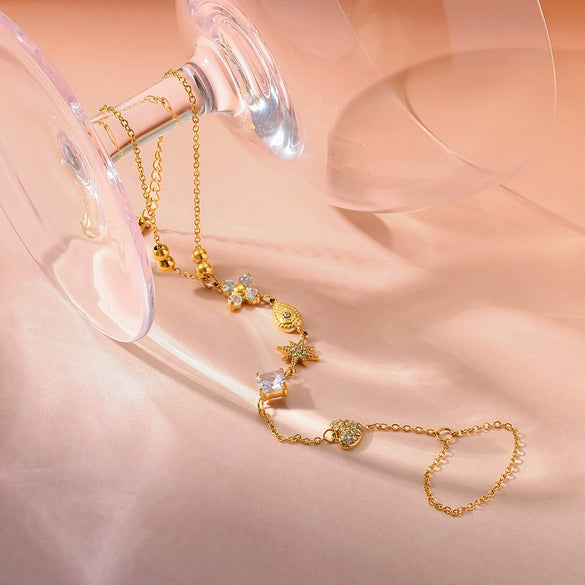 Wholesale Women's Geometric Star Drop Shape Heartshaped Real Gold Plated Stainless Steel Wrist Chain Bracelet