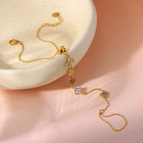 Wholesale Women's Geometric Star Drop Shape Heartshaped Real Gold Plated Stainless Steel Wrist Chain Bracelet