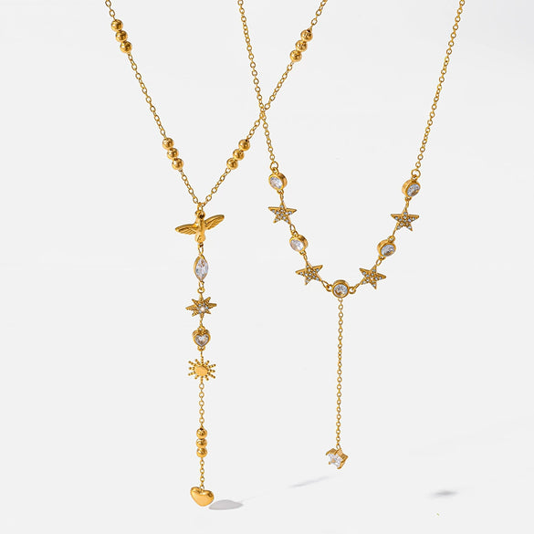 Wholesale Women's Geometric Star Yshaped Stainless Steel Necklace With Zircon Inlay And Vacuum Real Gold Plating In Pvd Furnace Oshaped Chain