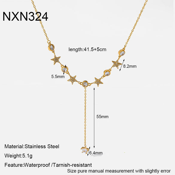 Wholesale Women's Geometric Star Yshaped Stainless Steel Necklace With Zircon Inlay And Vacuum Real Gold Plating In Pvd Furnace Oshaped Chain