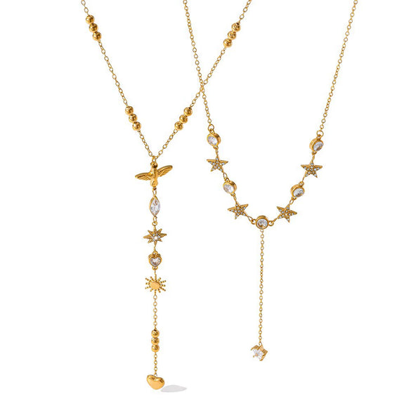 Wholesale Women's Geometric Star Yshaped Stainless Steel Necklace With Zircon Inlay And Vacuum Real Gold Plating In Pvd Furnace Oshaped Chain