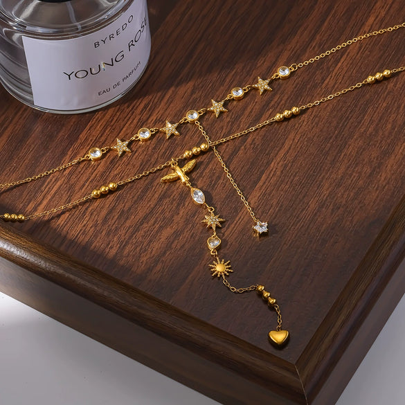 Wholesale Women's Geometric Star Yshaped Stainless Steel Necklace With Zircon Inlay And Vacuum Real Gold Plating In Pvd Furnace Oshaped Chain