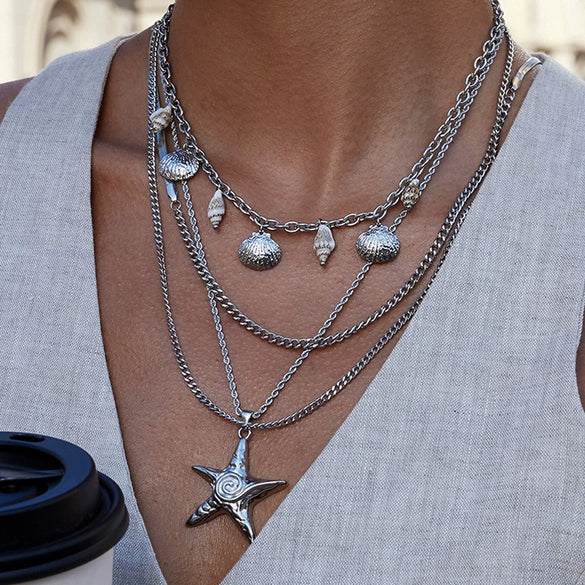 Wholesale Women's Geometric Starfish Pendant Necklace Made Of Titanium Steel And Stainless Steel With Electroplating Process