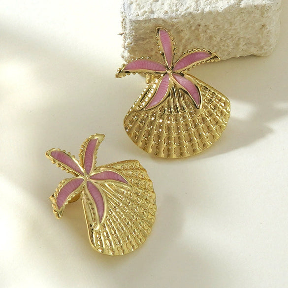 Wholesale Women's Geometric Starfish Shell Stainless Steel Drip Oil Earrings Vacation Style