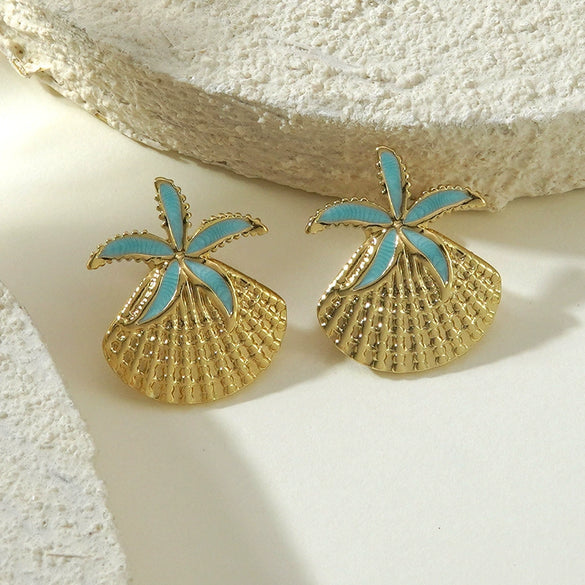Wholesale Women's Geometric Starfish Shell Stainless Steel Drip Oil Earrings Vacation Style