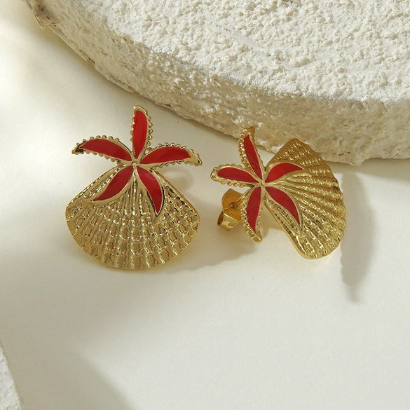 Wholesale Women's Geometric Starfish Shell Stainless Steel Drip Oil Earrings Vacation Style