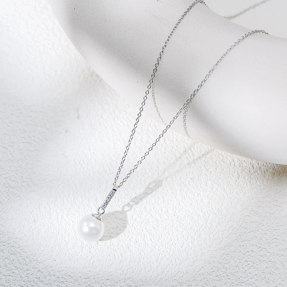 Wholesale Women's Geometric 925 Sterling Silver Diamond Micropaved Zircon Pearl Pendant Cross Chain Necklace